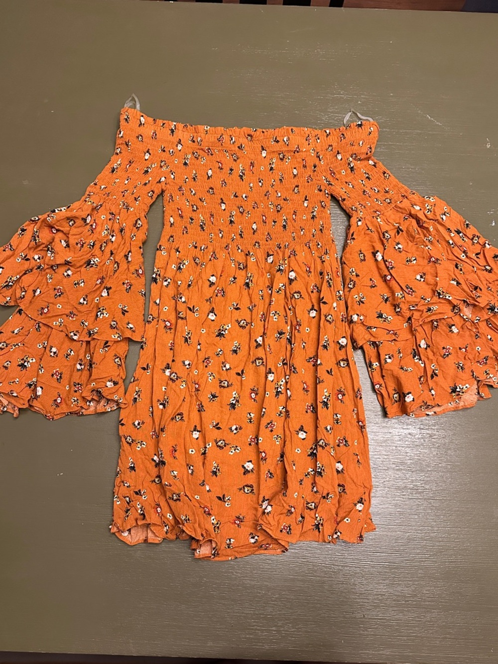 Orange Floral Off-Shoulder Bell Sleeve Dress
